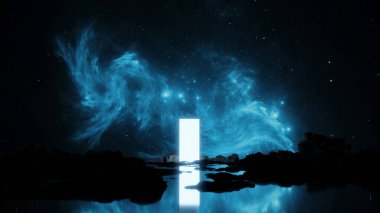 Glowing space portal is reflected in water. Door to other worlds and galaxies among stones. Journey into future to the stars and nebulae. 3d render
