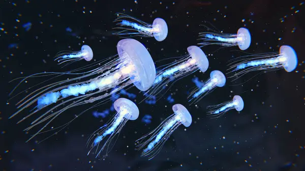 Glowing Jellyfish Swim Deep Blue Sea Medusa Neon Jellyfish Fantasy — Stock Photo, Image