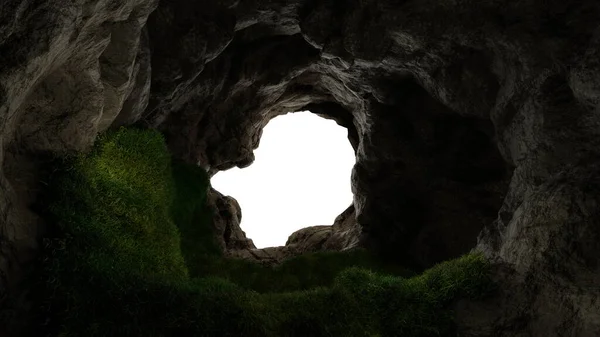 Vue Grotte Profonde Avec Herbe Trou Dans Montagne Rocheuse Coucher — Photo