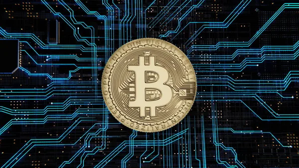 Bitcoin altın madeni para teknolojisi ödeme kripto takas, merkezi olmayan para birimi. Bitcoin ana kartı mavi parlıyor. 3d hazırlayıcı