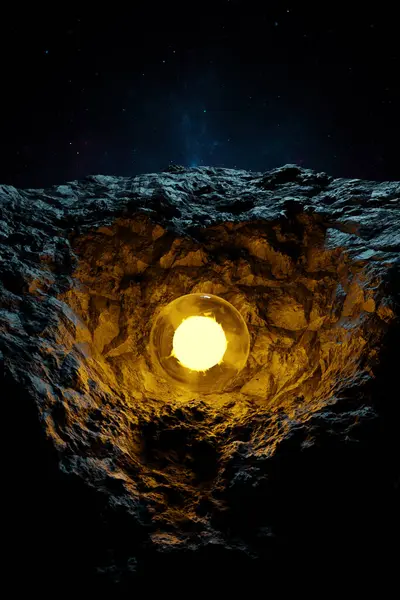 Λαμπερή Σφαίρα Στον Κρατήρα Κοσμικό Τοπίο Έναστρος Ουρανός Πάνω Από — Φωτογραφία Αρχείου