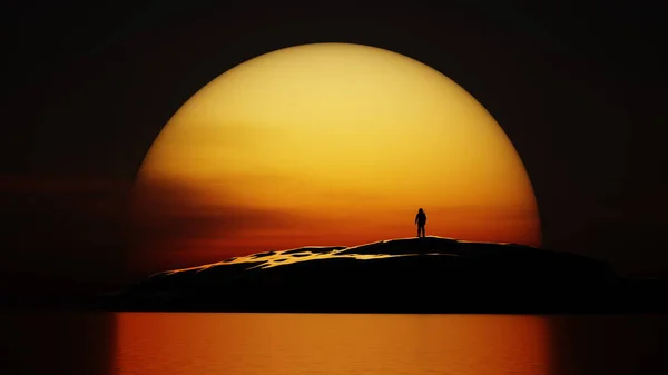 Lonely astronaut looks at sunset on deserted planet. Contrasting Martian Landscape. Cosmonaut on background of large yellow red orange sun on the horizon. 3d render