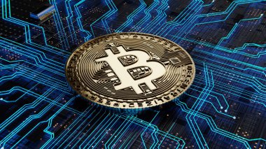 Bitcoin altın madeni para teknolojisi ödeme kripto takas, merkezi olmayan para birimi. Bitcoin ana kartı mavi parlıyor. 3d hazırlayıcı