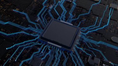 Ana karttaki Ai Bilgisayar işlemcisi mavi parlıyor. Yapay Zeka Grafik çipi, madencilik, dijital teknolojiler, ağ güvenliği. 3d hazırlayıcı