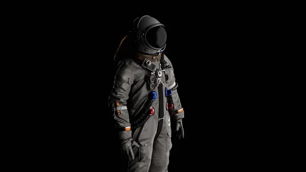 Astronot Kozmonotun Siyah Arka Plandaki Portresi Mesafeye Bakıyor Hazırlayıcı — Stok fotoğraf