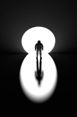 Astronot kozmonot duvardaki dairesel geçitte duruyor. Başka bir boyuta kozmik geçit, evrene yolculuk. 3d hazırlayıcı