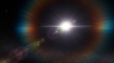 Dünyamızın şafak vakti uzaydan gün batımı. Dünya 'nın silueti güneş ışınlarıyla uzay yıldızlarının ve galaksilerin arka planına karşı.