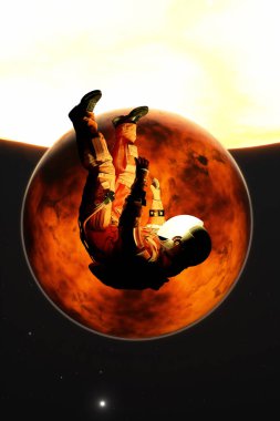 Sıfır yerçekimindeki astronot adam kozmik boşluğa düşer. Yıldızlar, gezegenler ve galaksiler arasında yalnız kozmonot astronot. 3d hazırlayıcı