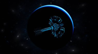 Uzay istasyonu uzayda yaşam için uygun bir gezegen arayışında. Yıldızlar ve galaksiler arasında Mavi Gezegen yakınlarında bir uzay gemisi. 3d hazırlayıcı