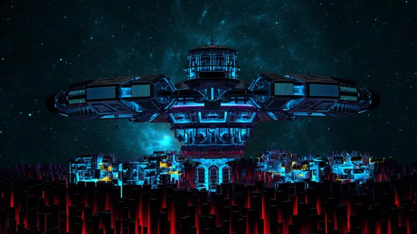 Space City Base Außerirdische Kolonie Fantasy City Raumschiffbasis Legendäres Raumschiff — Stockfoto