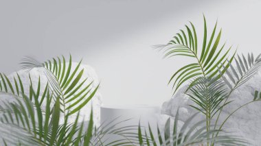 Beyaz arka planda tropikal yapraklar arasında güzellik ürünleri için boş bir podyum. 3d hazırlayıcı