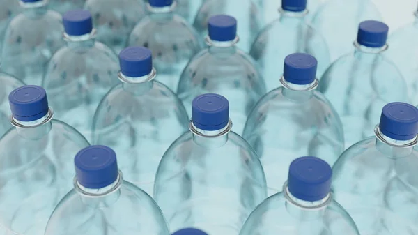 Empty plastic clean bottles for water with caps lids. Production of plastic bottles for water, isolate. 3d render