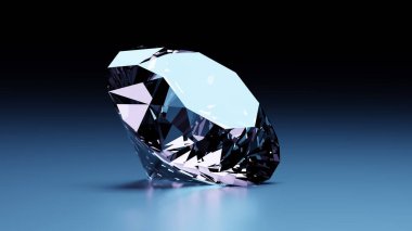 Koyu mavi arka planda elmaslar, değerli mücevher taşları. Elmasın parıldayan yüzleri. 3d hazırlayıcı