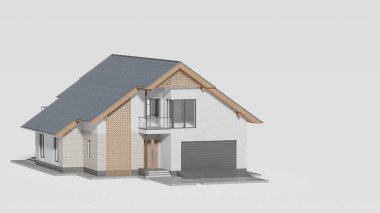 Beyaz arka planda yeni evin düzeni. Yazlık ev satışı. Tasarım için maket, kopyalama alanı. 3d hazırlayıcı