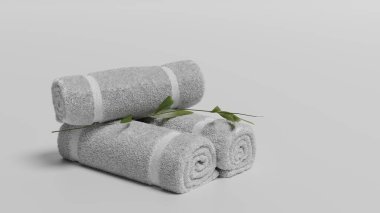 Beyaz üç havlu beyaz arka planda yuvarlanır, beyaz spa havluları izole edilir. Boş rulo kumaş, Terry Mockup, izole edilmiş. Banyo ve şablon için temiz otel havlusu. 3d hazırlayıcı