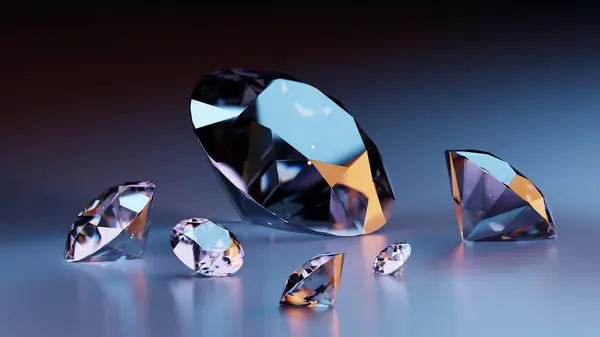镶嵌在深蓝色背景上的钻石珍贵的宝石闪烁着钻石的光芒 3D渲染 — 图库照片