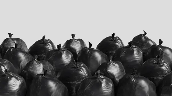 Big black plastic bags with garbage, garbage collection, fight for ecology. International Environmental Protection Day. Space for text. 3d render