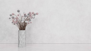 Duvara, iç tasarıma karşı ışık arka planında vazoda süslemeli bitki, metin için yer, tasarım için maket. 3d hazırlayıcı