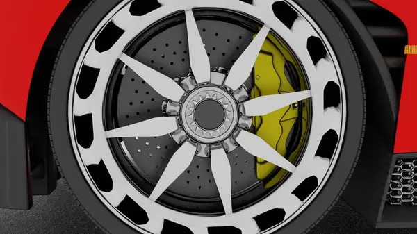 Steel car disc on wheel, disc brakes. Cast disc of car. 3d render