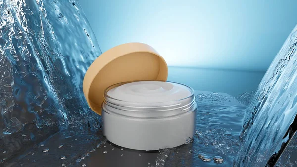 Jar beauty cream moisturizing cosmetics for hands and face. Stream of water and drop hit cosmetic product, white cream. 3d render
