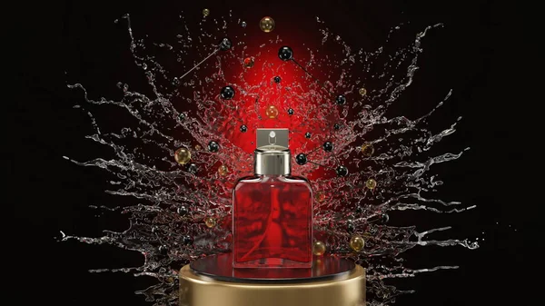 Perfume bottle in a spray of water, lotion is on the podium in the water. 3d render