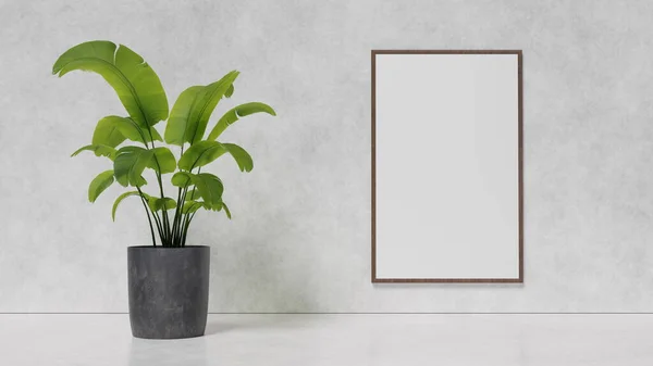 Ornamental plant and empty white picture in frame on light wall background, interior design, place for text, frame with a white background layout for design. 3d render