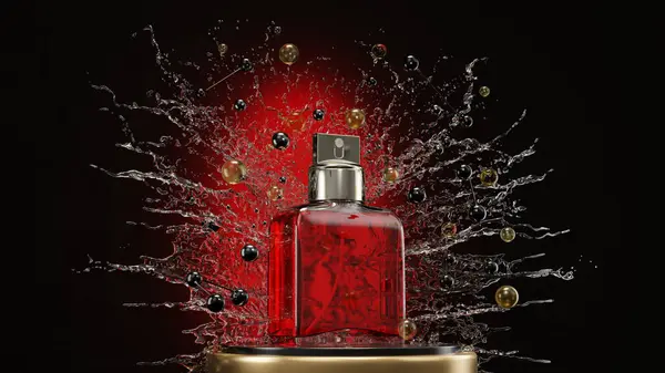 Perfume bottle in a spray of water, lotion is on the podium in the water. 3d render