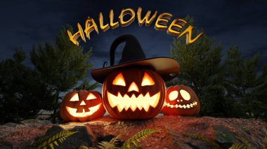 Cadılar Bayramı 'nız kutlu olsun. Ormanda parlayan balkabakları, muhteşem ölü fantezi manzarası, korku gizemi. 3d hazırlayıcı