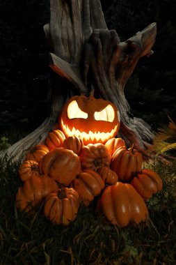 Cadılar Bayramı 'nız kutlu olsun. Ormanda parlayan balkabakları, muhteşem ölü fantezi manzarası, korku gizemi. 3d hazırlayıcı