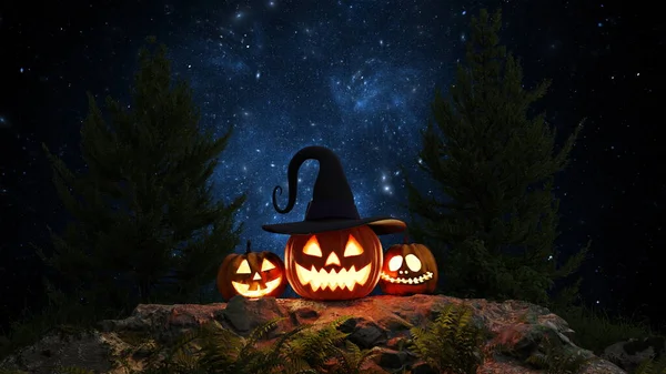 Happy Halloween Jack-o-lantern glowing pumpkins in the forest, day of the dead fabulous fantasy landscape, horror mystery. 3d render