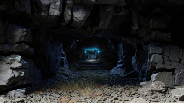 Parlayan bir geçide açılan bir mağaradaki tünel. Kayalıklarda terk edilmiş bir geçit. 3d hazırlayıcı