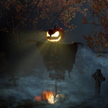 Cadılar Bayramı korkuluğu kabak kafalı ve geceleri mezarlıkta parlayan gözleriyle. Balkabakları, mumlar ve kafatası. 3d hazırlayıcı