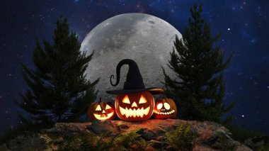 Cadılar Bayramı 'nız kutlu olsun. Ormanda parlayan balkabakları, muhteşem ölü fantezi manzarası, korku gizemi. 3d hazırlayıcı