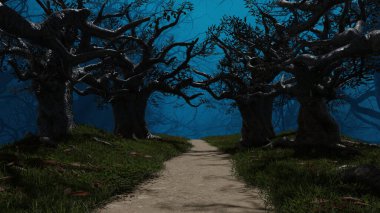 Cadılar Bayramın kutlu olsun, kasvetli peri masalı mezarlığı ölüler gününde, gizemli dehşet. 3d hazırlayıcı