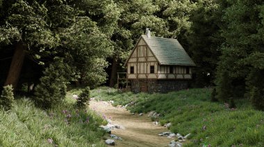 Ağaçlar, çam ve köknar ve manzara ile çevrili ormanda yalnız bir ortaçağ evi. 3d hazırlayıcı
