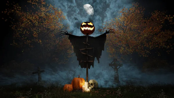 Épouvantail Halloween Avec Tête Citrouille Yeux Brillants Dans Cimetière Nuit — Photo