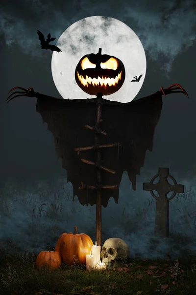 Espantalho Halloween Com Cabeça Abóbora Olhos Brilhantes Cemitério Noite Abóboras — Fotografia de Stock