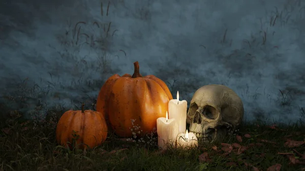 Halloween Twee Pompoenkaarsen Nachts Een Schedel Het Bos Mist Renderen — Stockfoto