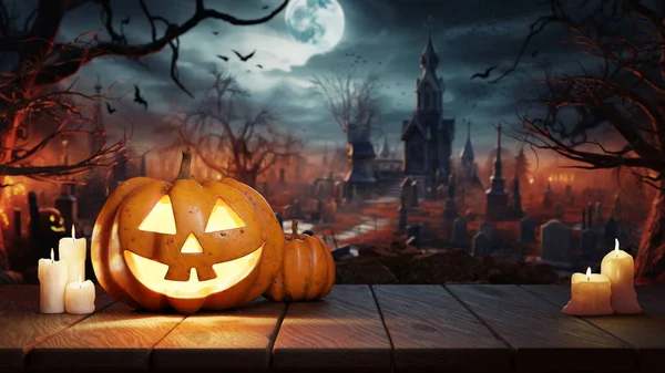 Halloween Abóbora Jack Lanterna Mesa Cemitério Assustador Noite Lua Cheia — Fotografia de Stock