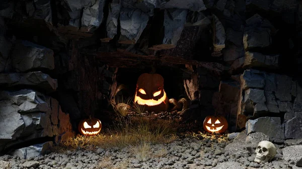 Monstro Assustador Abóbora Numa Caverna Dentro Uma Montanha Halloween Renderização — Fotografia de Stock