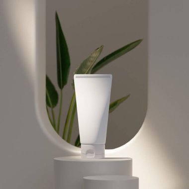 Beyaz podyumda güzellik ürünleri kremi tüpü. Kozmetik cilt bakım ürünü. 3d hazırlayıcı