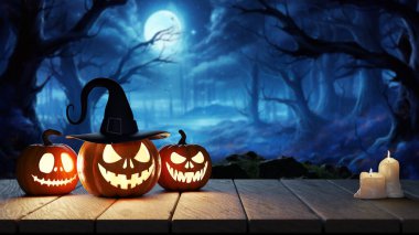 Cadılar Bayramı 'nın arka planında balkabakları ve mumlar parlıyordu. Korkunç bir ormanın arka planında. 3d hazırlayıcı