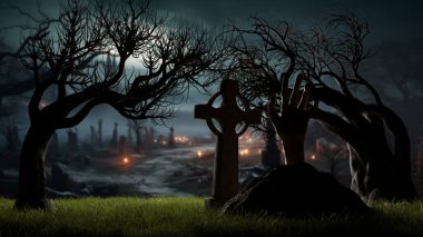 Cadılar Bayramı 'nın El' i mezarlıktan, mezarlıktan, mezar haçlarından, geceleri zombilerden dirildi. 3d hazırlayıcı