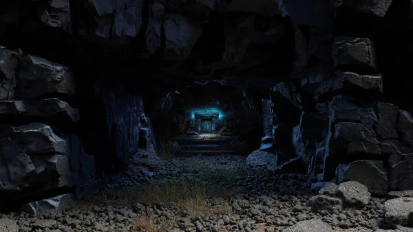 Τούνελ Ορεινή Σπηλιά Που Οδηγεί Μια Λαμπερή Πύλη Ένα Εγκαταλελειμμένο — Φωτογραφία Αρχείου