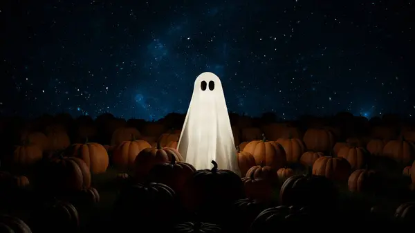 Fantasma Campo Abóboras Noite Halloween Uma Folha Fantasmas Brilhante Renderização — Fotografia de Stock