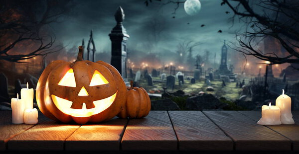 Halloween Pumpkin Jack O Lantern On Table In Spooky Graveyard At Night, Full Moon. Graves in the background. 3d render