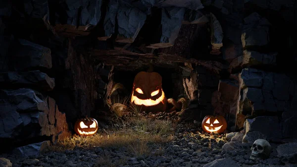 Monstro Assustador Abóbora Numa Caverna Dentro Uma Montanha Halloween Renderização — Fotografia de Stock
