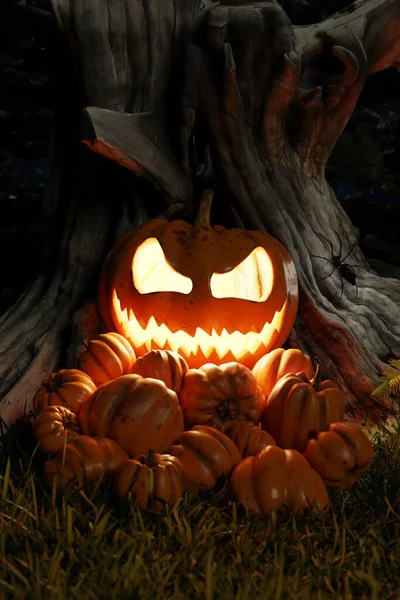 Glad Halloween Jack Lantern Glödande Pumpor Skogen Dagen För Den — Stockfoto