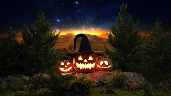 Happy Halloween Jack Laterne Glühende Kürbisse Wald Tag Der Toten — Stockfoto