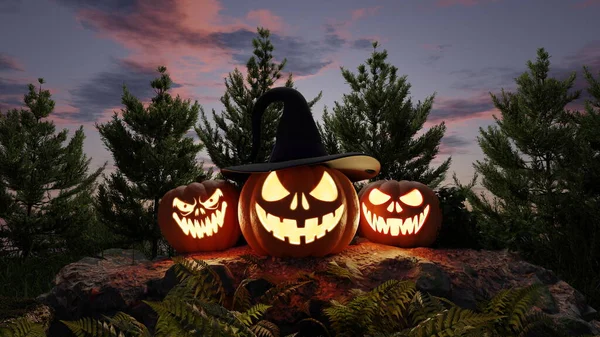 Abóboras Brilhantes Assustadoras Noite Natureza Halloween Renderização — Fotografia de Stock